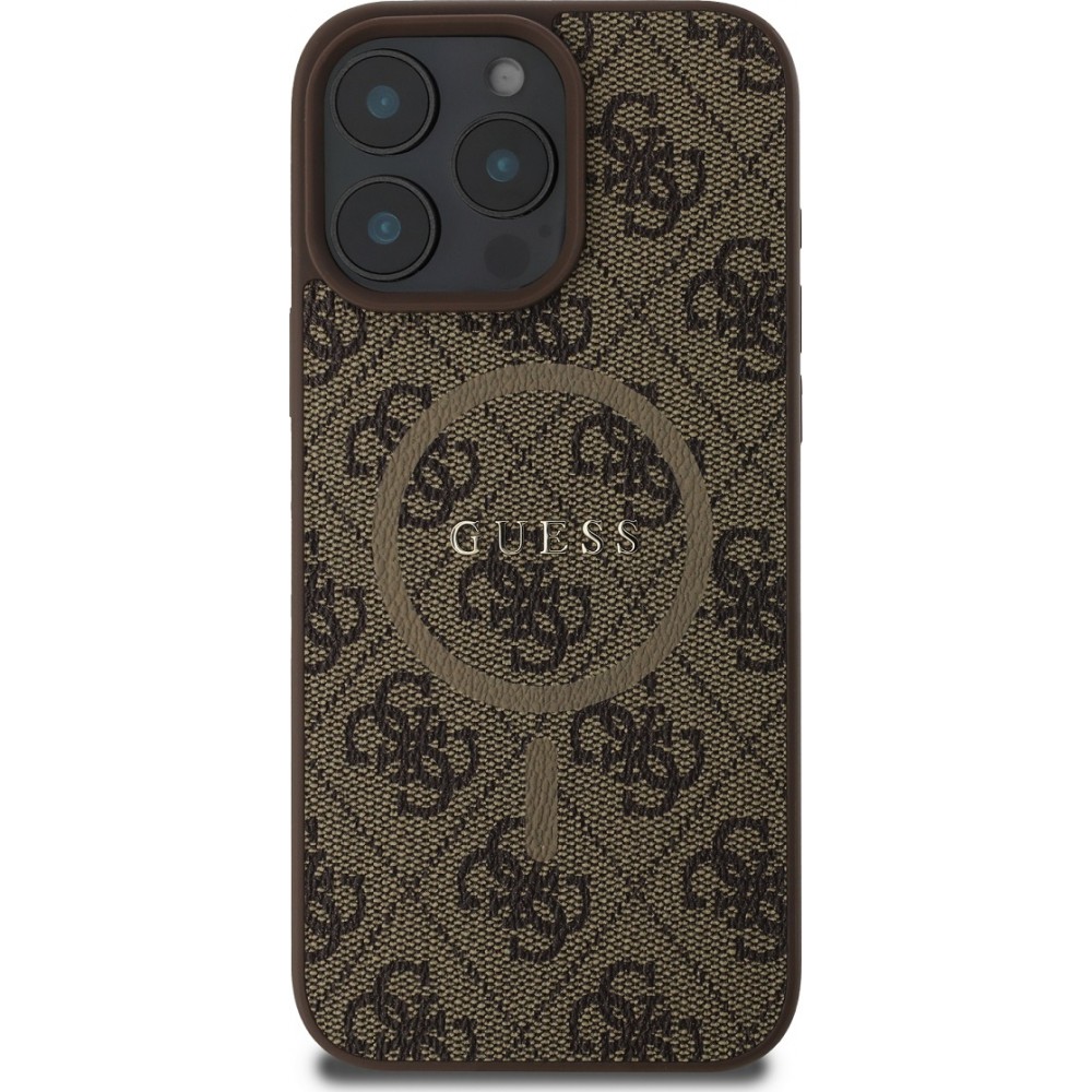 iPhone 16 Pro Case Hülle - Guess Monogramm Kunstleder mit integriertem Magsafe - Braun