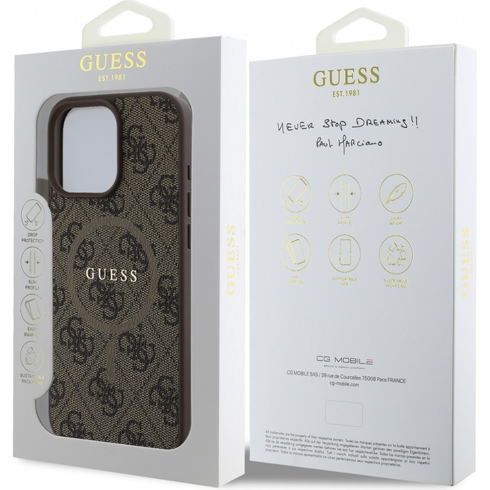 iPhone 16 Pro Case Hülle - Guess Monogramm Kunstleder mit integriertem Magsafe - Braun