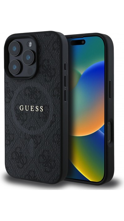 Coque iPhone 16 Pro - Guess monogramme similicuir avec MagSafe intégré - Noir