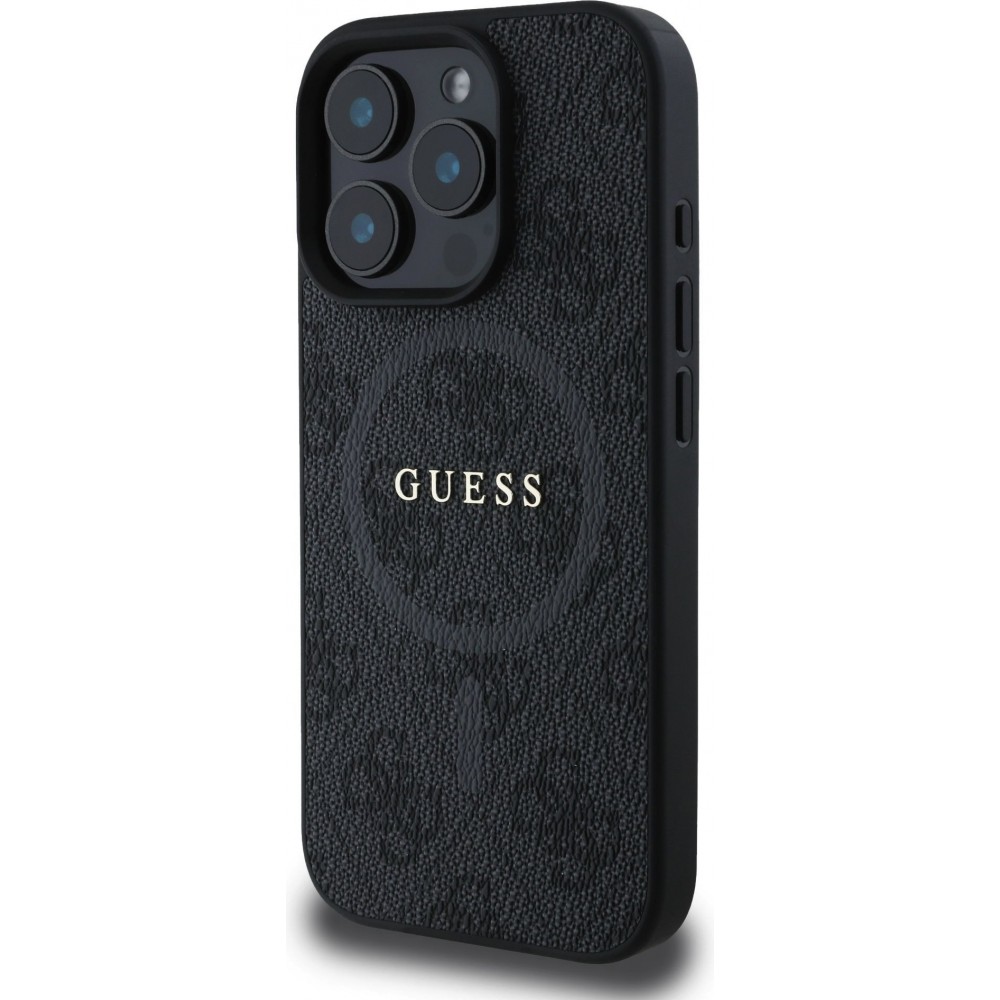Coque iPhone 16 Pro - Guess monogramme similicuir avec MagSafe intégré - Noir