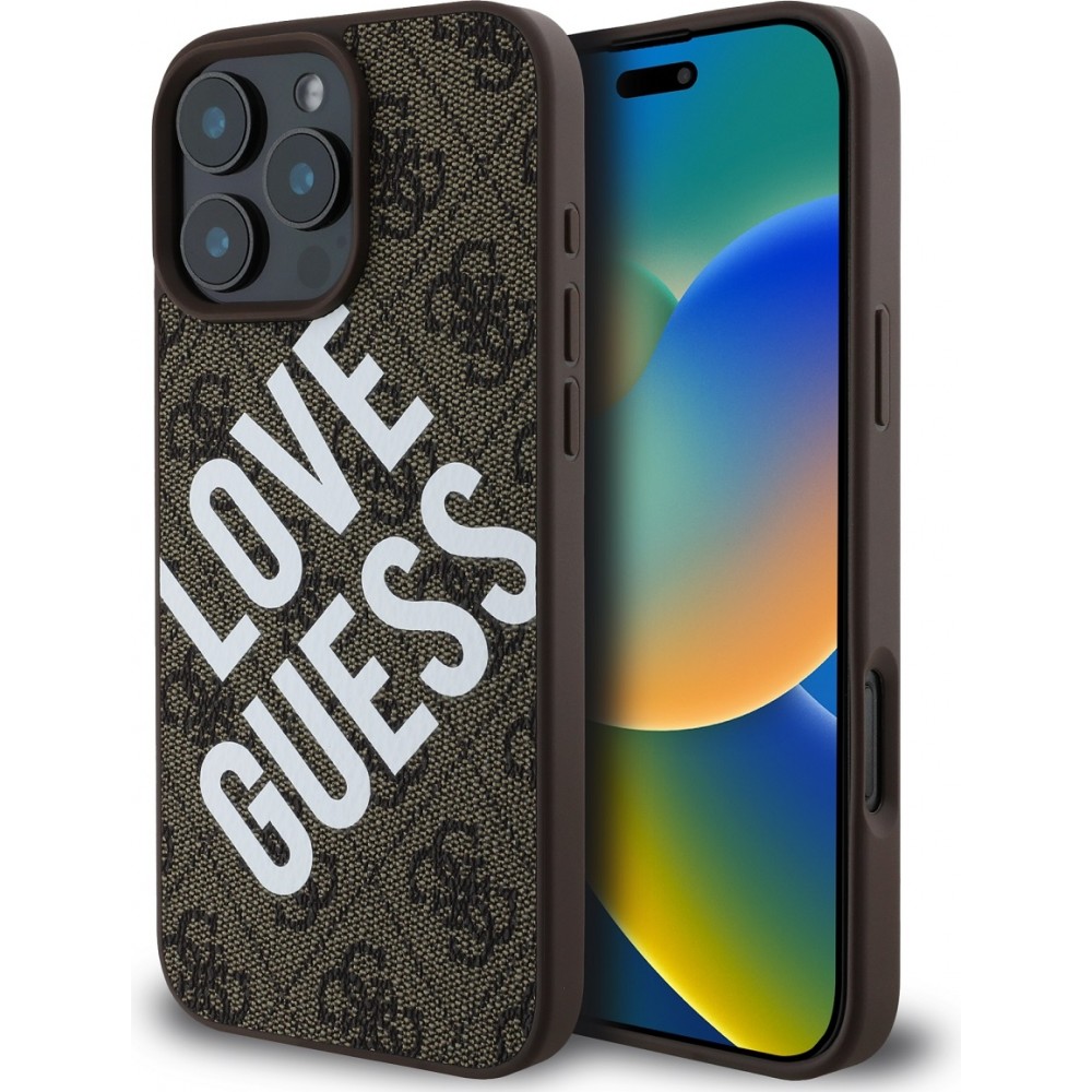 Coque iPhone 16 Pro - Guess monogramme similicuir avec logo Love Guess street style et MagSafe intégré - Brun
