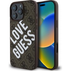 Coque iPhone 16 Pro - Guess monogramme similicuir avec logo Love Guess street style et MagSafe intégré - Brun