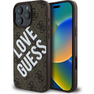 Coque iPhone 16 Pro - Guess monogramme similicuir avec logo Love Guess street style et MagSafe int&eacute;gr&eacute; - Brun