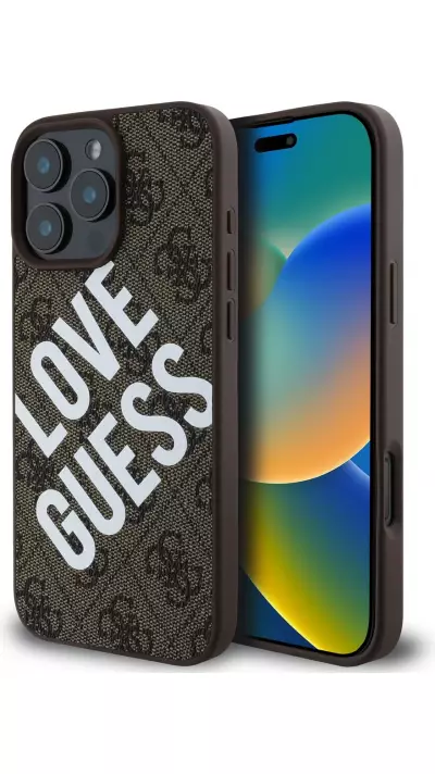 Coque iPhone 16 Pro - Guess monogramme similicuir avec logo Love Guess street style et MagSafe int&eacute;gr&eacute; - Brun
