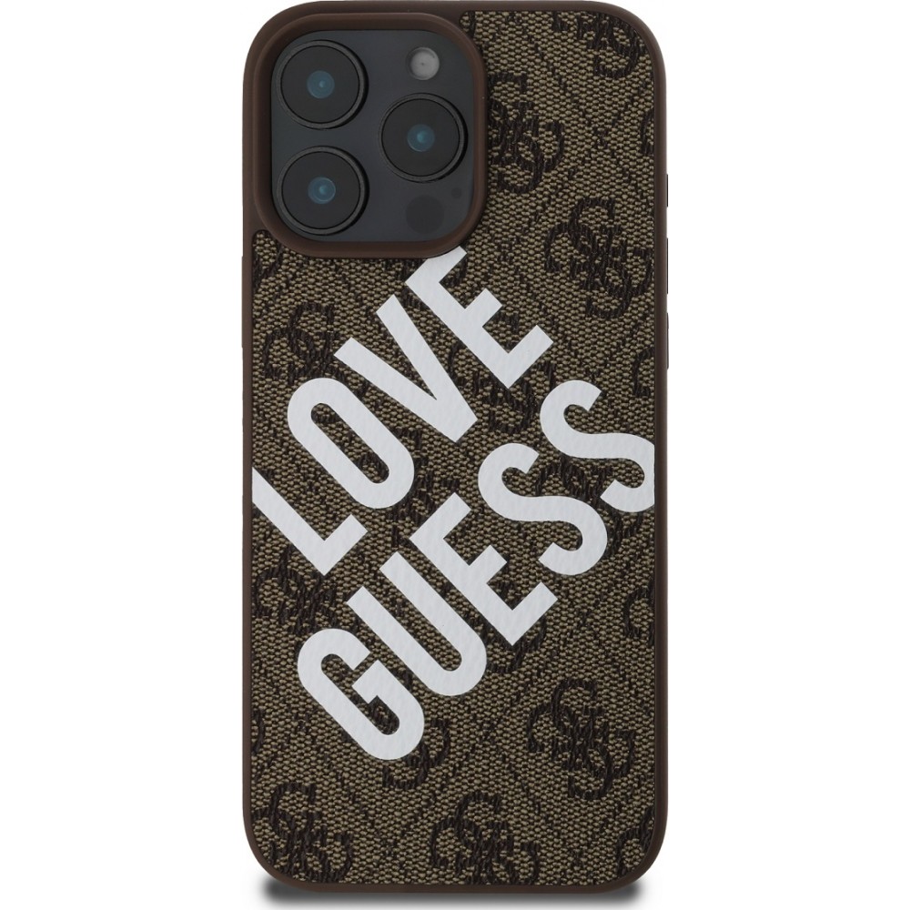 Coque iPhone 16 Pro - Guess monogramme similicuir avec logo Love Guess street style et MagSafe intégré - Brun