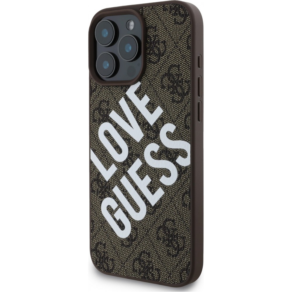 Coque iPhone 16 Pro - Guess monogramme similicuir avec logo Love Guess street style et MagSafe intégré - Brun