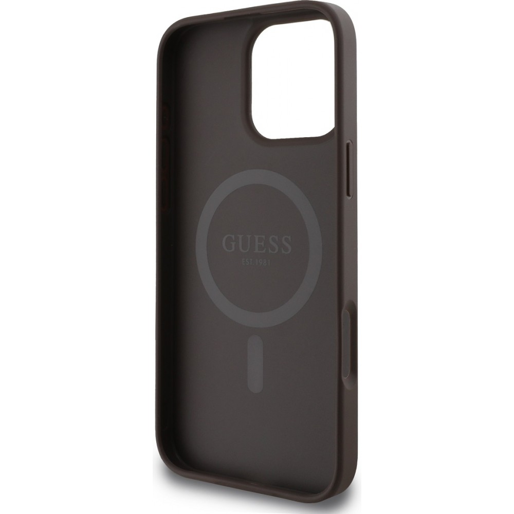 Coque iPhone 16 Pro - Guess monogramme similicuir avec logo Love Guess street style et MagSafe intégré - Brun