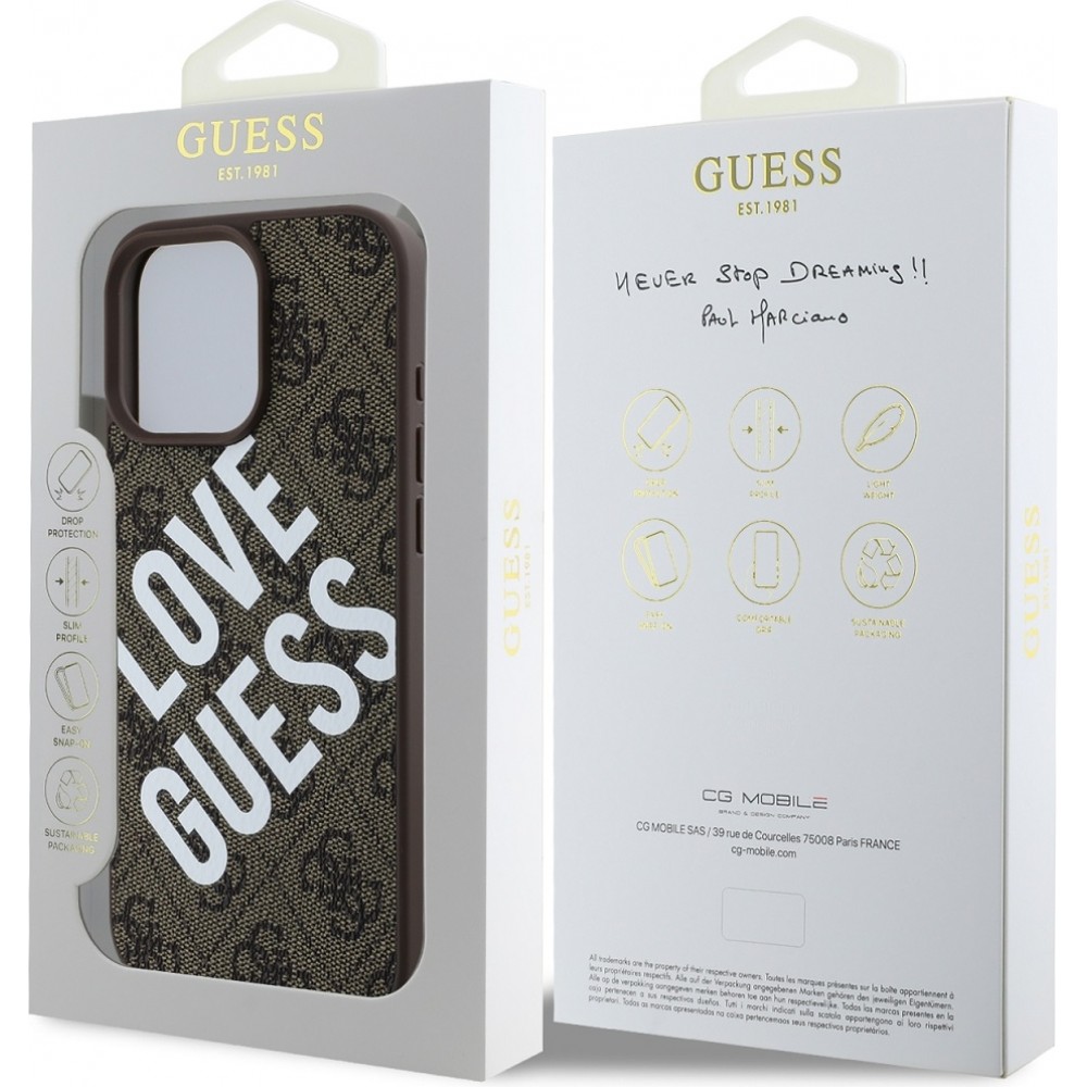 Coque iPhone 16 Pro - Guess monogramme similicuir avec logo Love Guess street style et MagSafe intégré - Brun