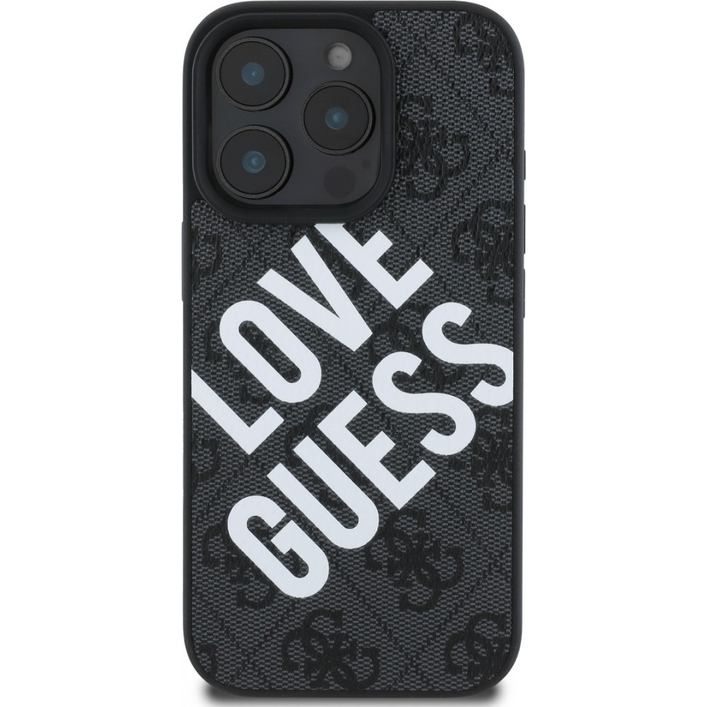 iPhone 16 Pro Case Hülle - Guess Monogramm Kunstleder mit Love Guess Street Style Logo und integriertem MagSafe - Schwarz