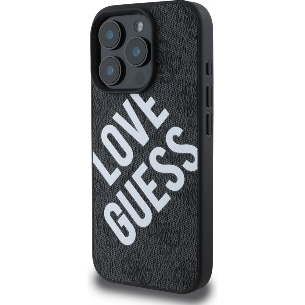 iPhone 16 Pro Case Hülle - Guess Monogramm Kunstleder mit Love Guess Street Style Logo und integriertem MagSafe - Schwarz