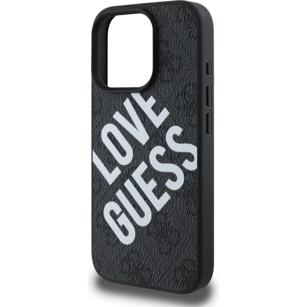 iPhone 16 Pro Case Hülle - Guess Monogramm Kunstleder mit Love Guess Street Style Logo und integriertem MagSafe - Schwarz