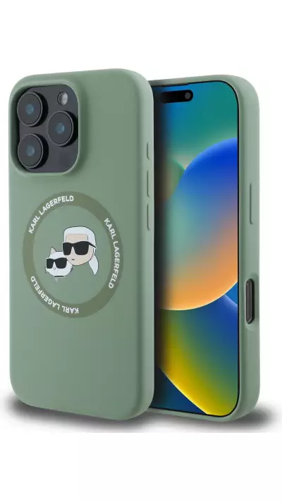 Coque iPhone 16 Pro Max - Karl Lagerfeld et Choupette soft touch avec MagSafe - Vert foncé