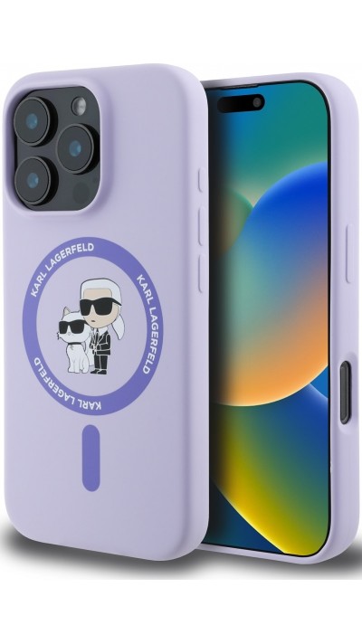 Coque iPhone 16 Pro - Karl Lagerfeld et Choupette soft touch avec MagSafe - Violet