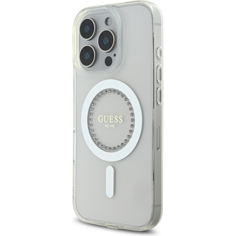 iPhone 16 Pro Max Case Hülle - Guess Strass IML MagSafe - Weiss