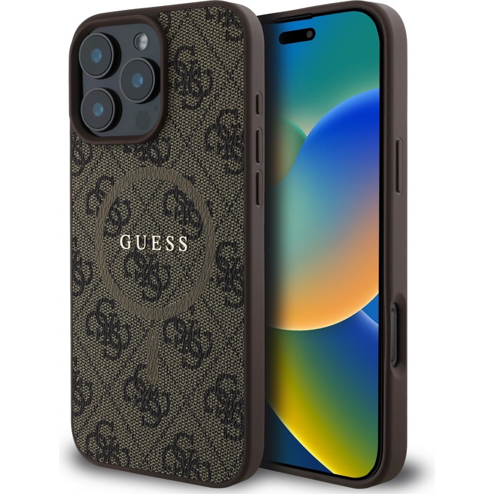 Coque iPhone 16 Pro Max - Guess monogramme similicuir avec MagSafe intégré - Brun