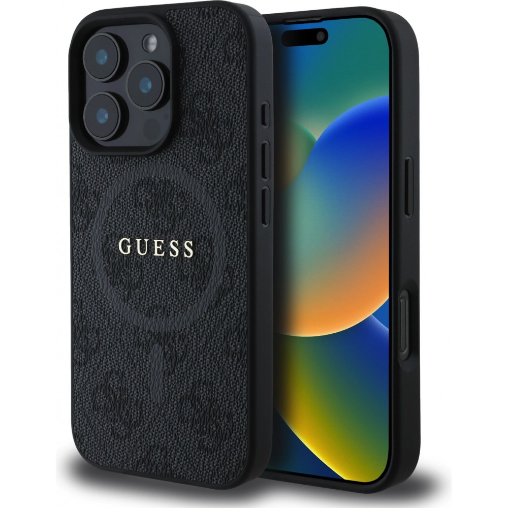 iPhone 16 Pro Max Case Hülle - Guess Monogramm Kunstleder mit integriertem Magsafe - Schwarz