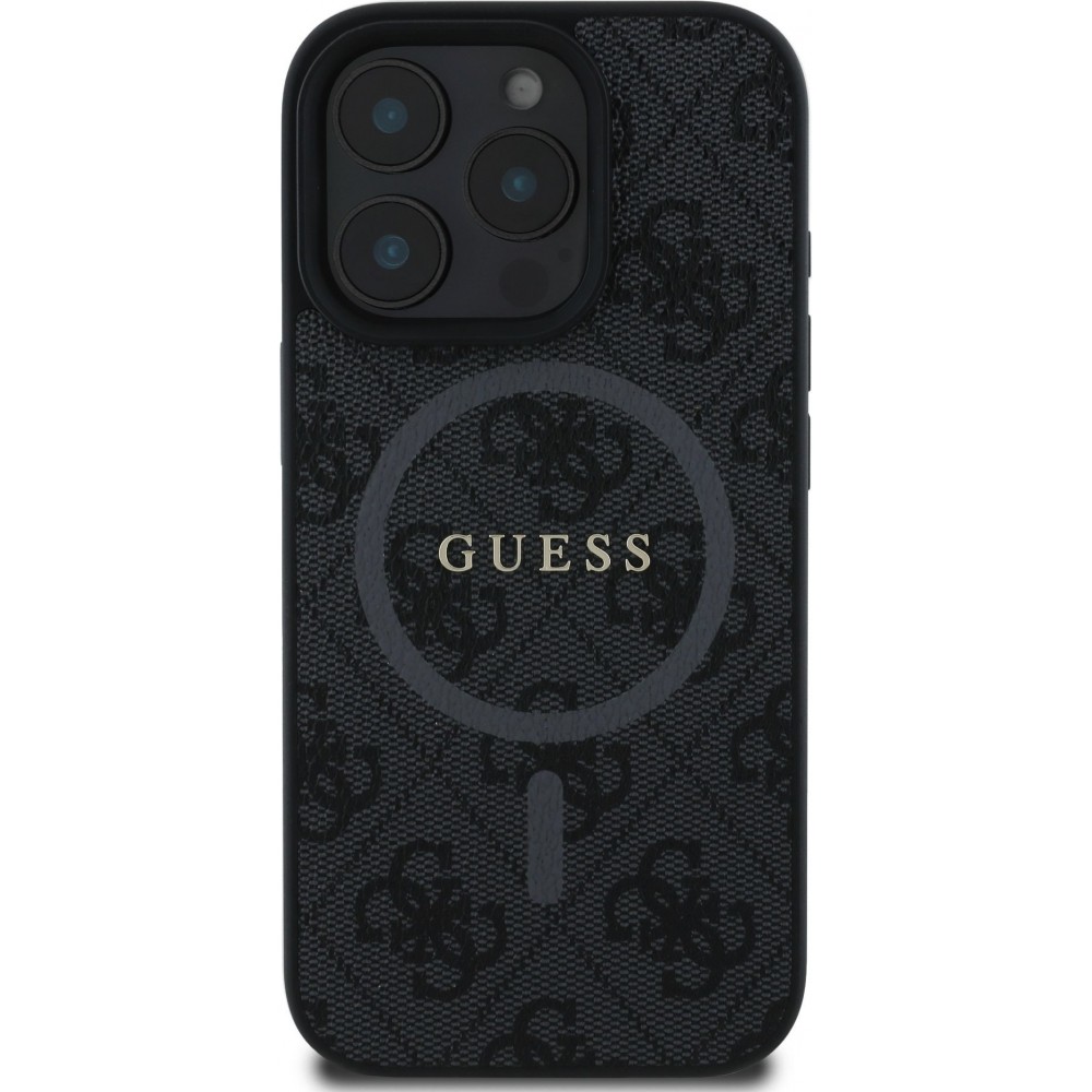 iPhone 16 Pro Max Case Hülle - Guess Monogramm Kunstleder mit integriertem Magsafe - Schwarz