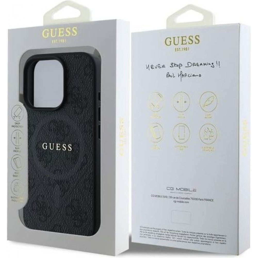 iPhone 16 Pro Max Case Hülle - Guess Monogramm Kunstleder mit integriertem Magsafe - Schwarz