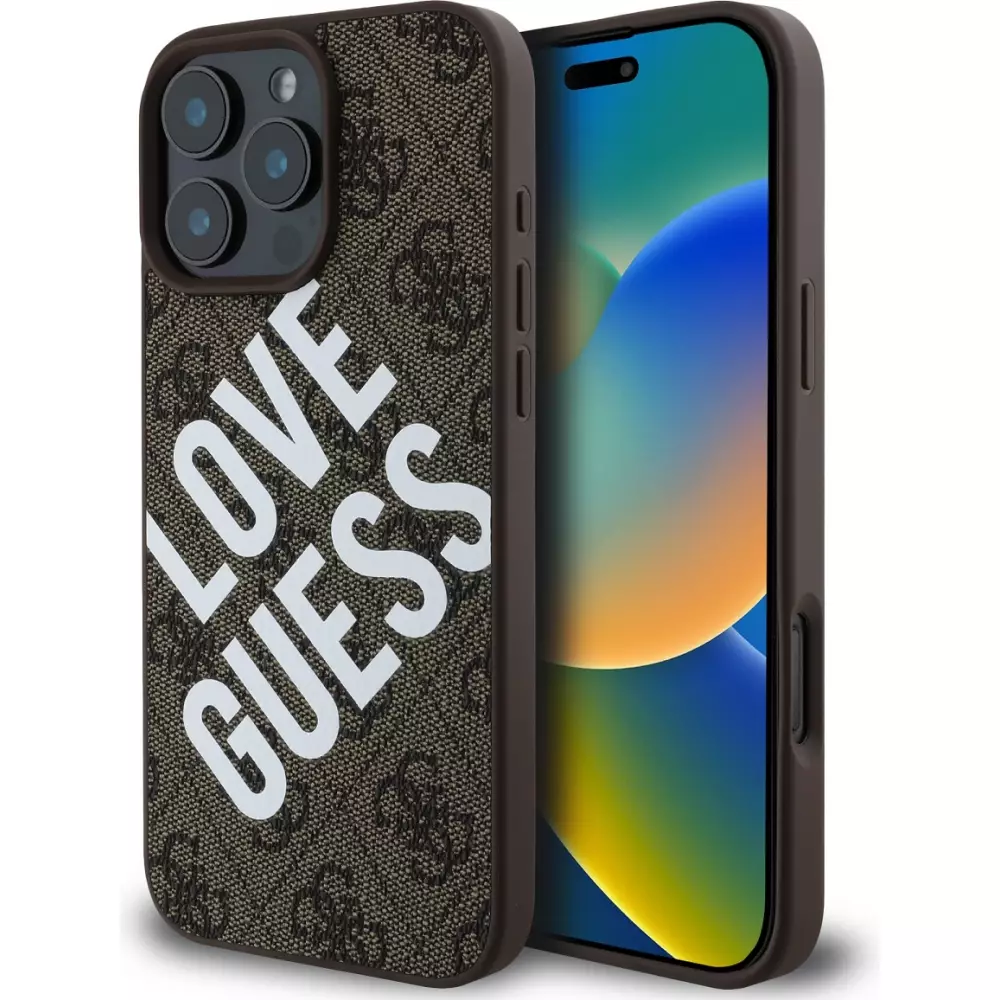 Coque iPhone 16 Pro Max - Guess monogramme similicuir avec logo Love Guess street style et MagSafe int&eacute;gr&eacute; - Brun