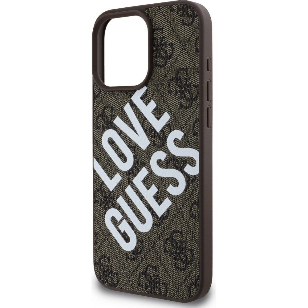 Coque iPhone 16 Pro Max - Guess monogramme similicuir avec logo Love Guess street style et MagSafe intégré - Brun