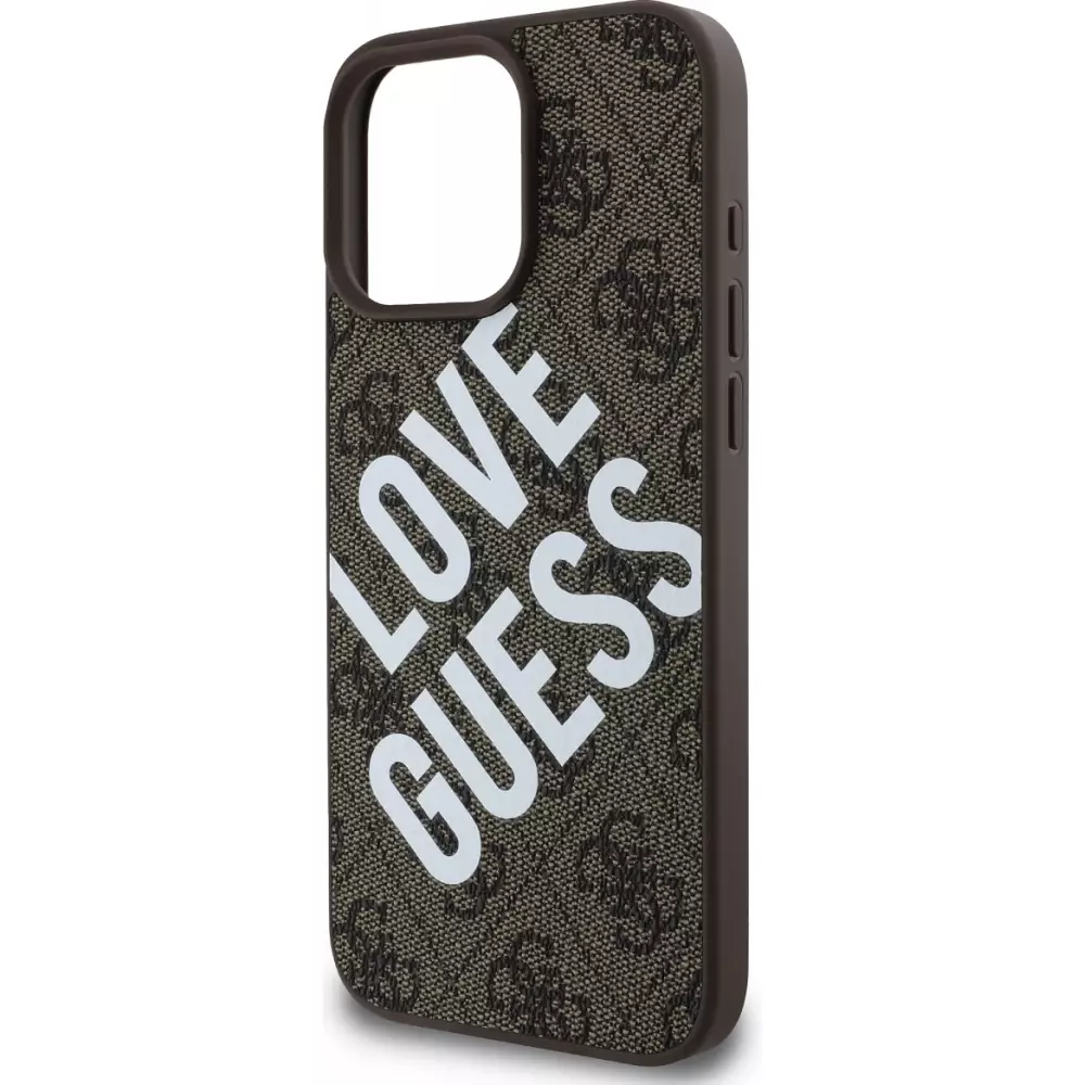 Coque iPhone 16 Pro Max - Guess monogramme similicuir avec logo Love Guess street style et MagSafe int&eacute;gr&eacute; - Brun