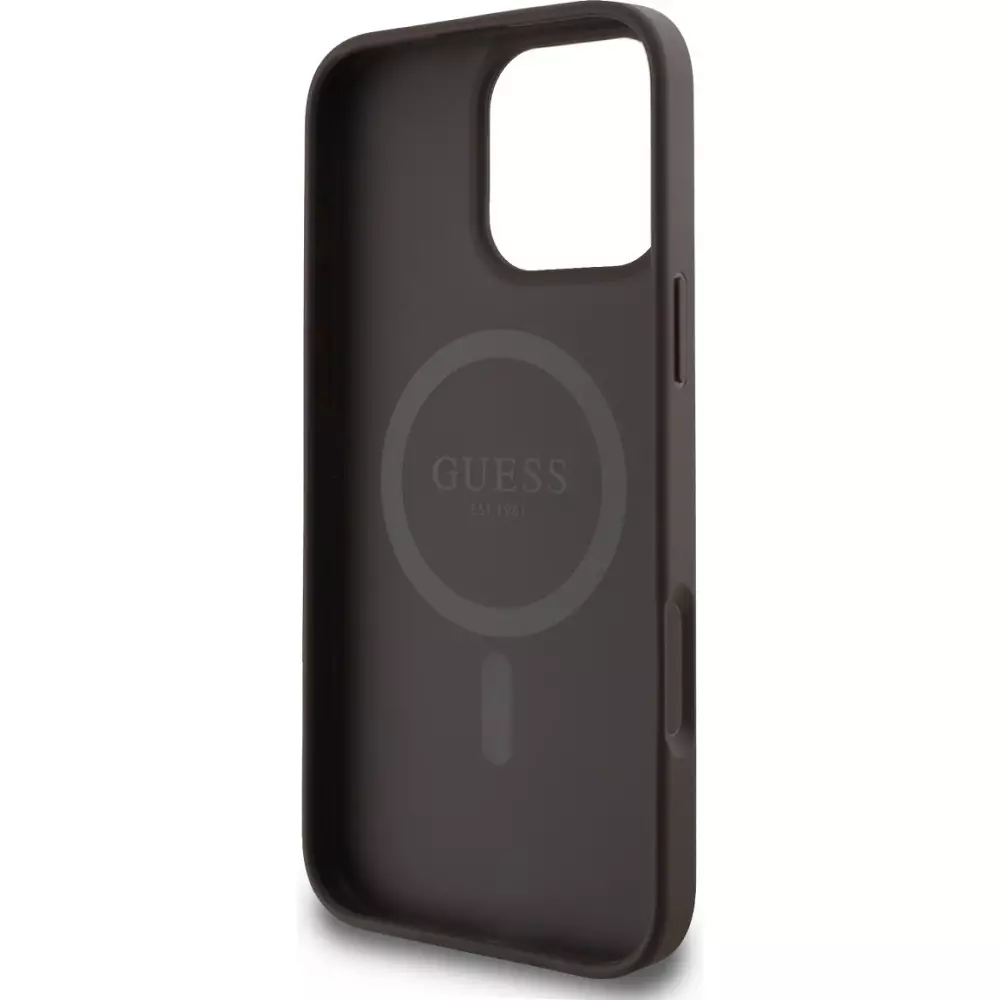 Coque iPhone 16 Pro Max - Guess monogramme similicuir avec logo Love Guess street style et MagSafe int&eacute;gr&eacute; - Brun