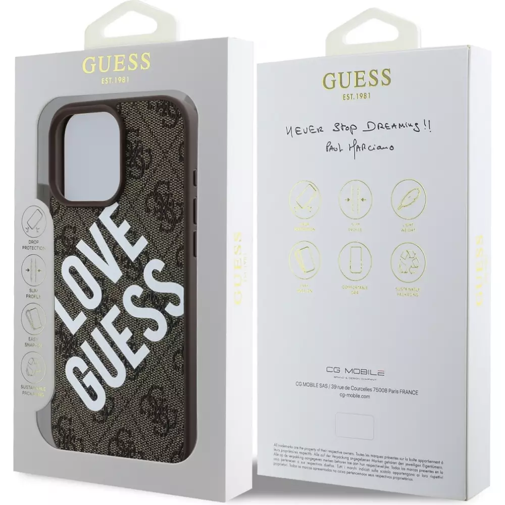Coque iPhone 16 Pro Max - Guess monogramme similicuir avec logo Love Guess street style et MagSafe int&eacute;gr&eacute; - Brun