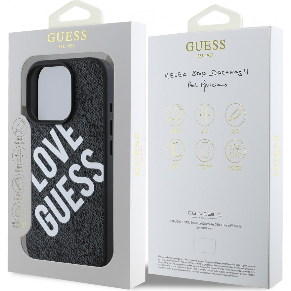 Coque iPhone 16 Pro Max - Guess monogramme similicuir avec logo Love Guess street style et MagSafe int&eacute;gr&eacute; - Noir