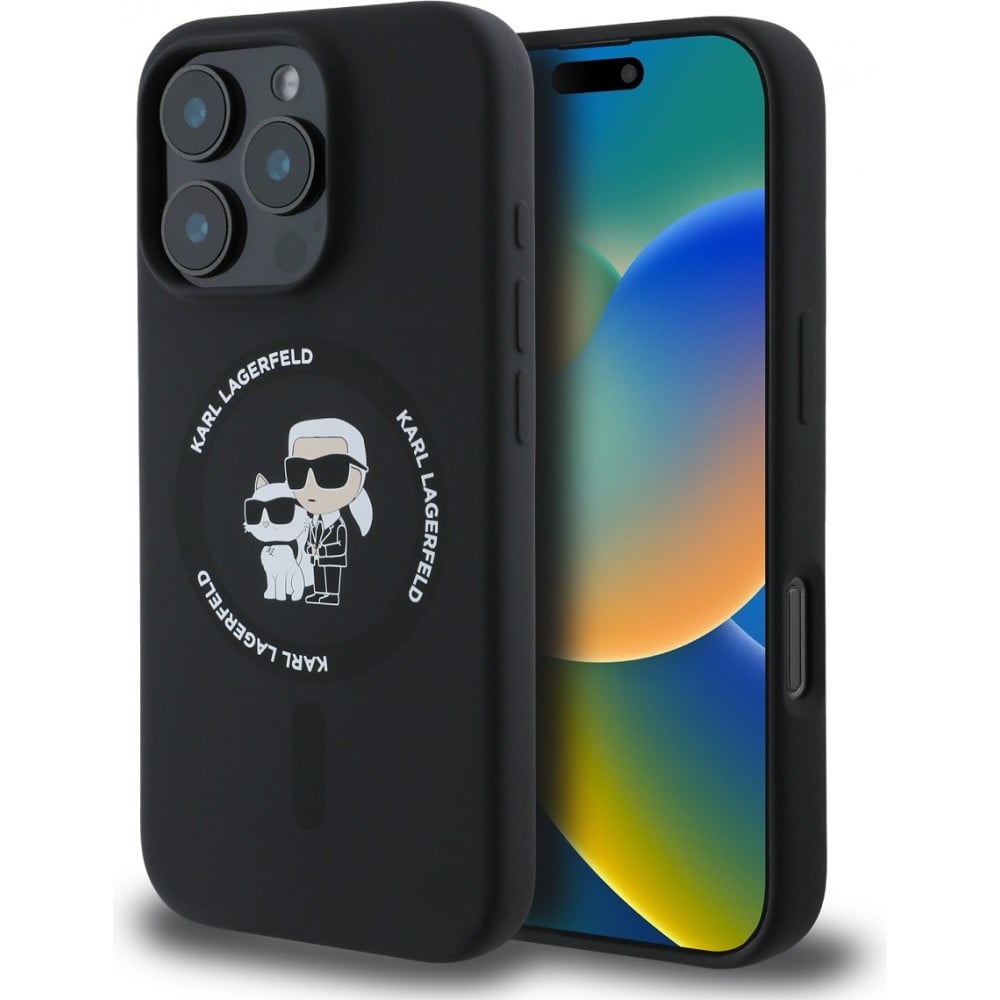 Coque iPhone 16 Pro Max - Karl Lagerfeld et Choupette soft touch avec MagSafe - Noir