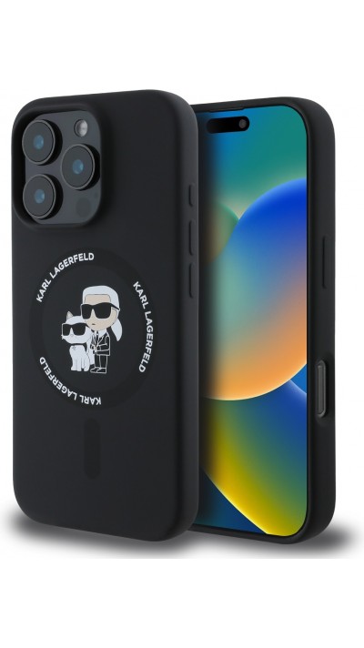 Coque iPhone 16 Pro Max - Karl Lagerfeld et Choupette soft touch avec MagSafe - Noir