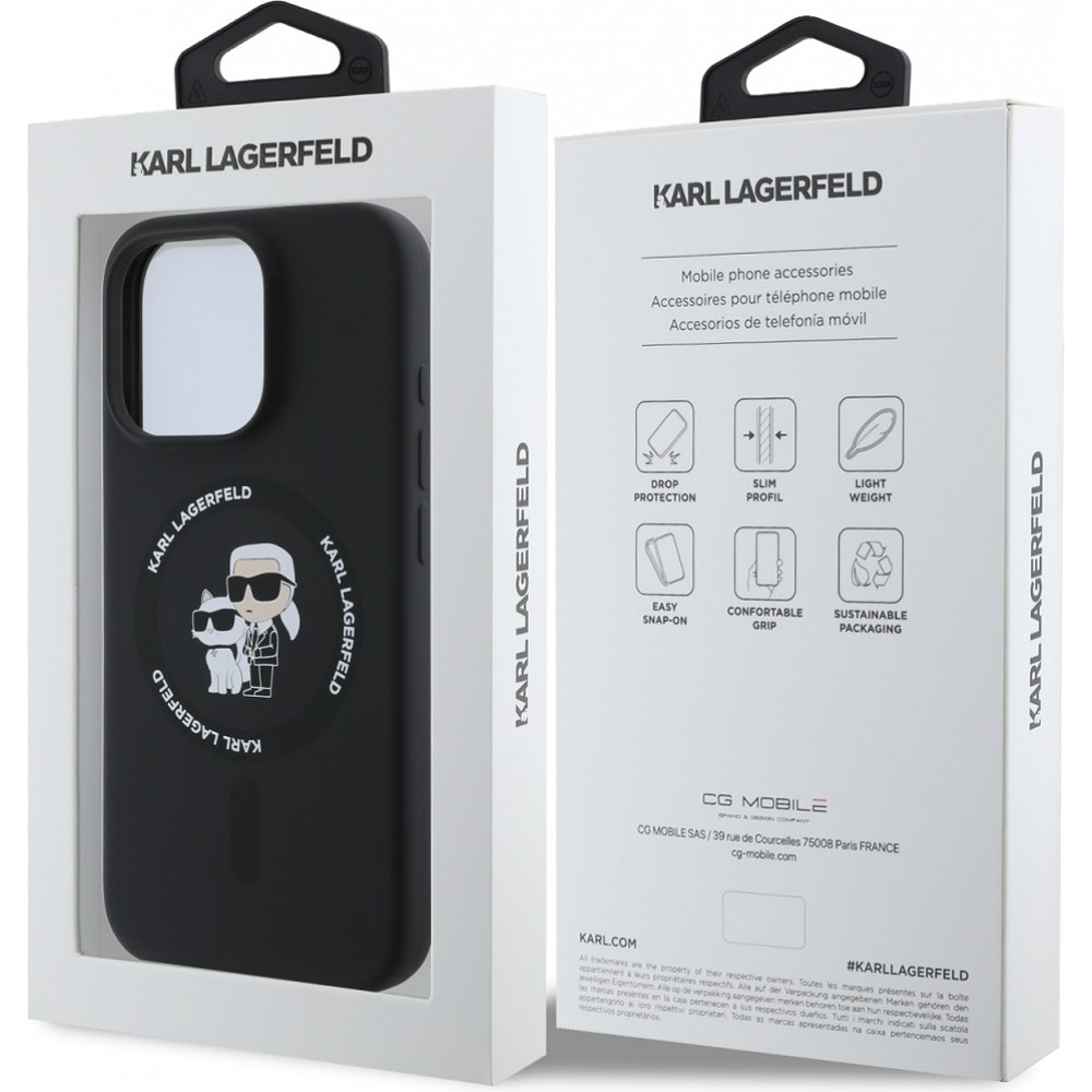 Coque iPhone 16 Pro Max - Karl Lagerfeld et Choupette soft touch avec MagSafe - Noir