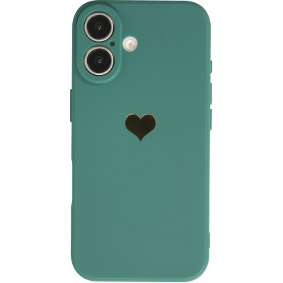 Coque iPhone 16 - Silicone Mat Coeur doré - Vert foncé