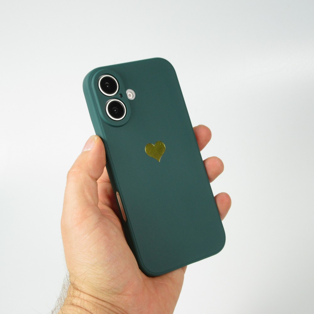 Coque iPhone 16 - Silicone Mat Coeur doré - Vert foncé