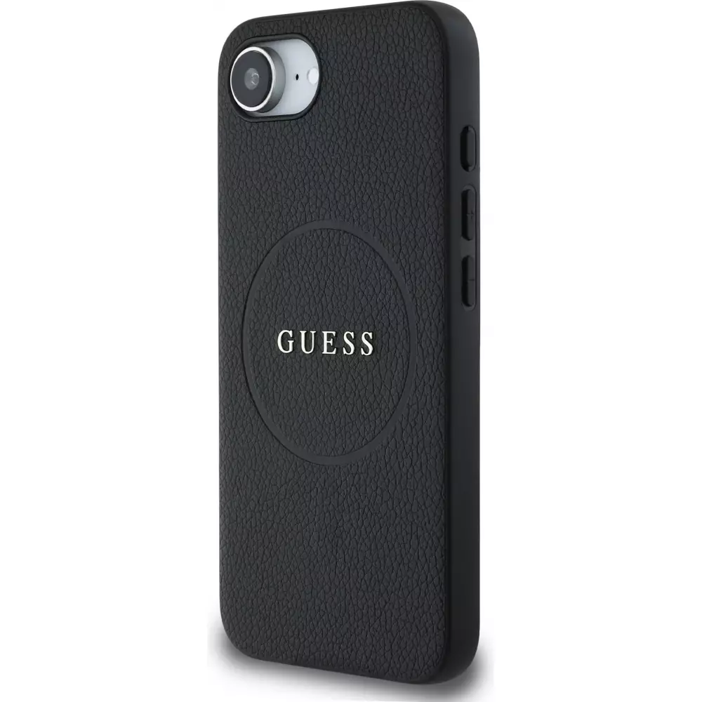 iPhone 16e Case H&uuml;lle - Guess Classic Logo MagSafe aus genarbtem Leder - Schwarz
