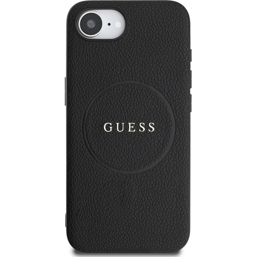 iPhone 16e Case Hülle - Guess Classic Logo MagSafe aus genarbtem Leder - Schwarz