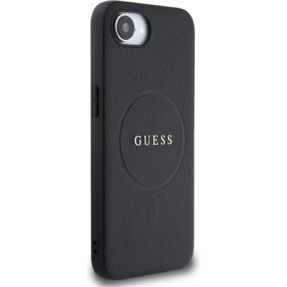 iPhone 16e Case H&uuml;lle - Guess Classic Logo MagSafe aus genarbtem Leder - Schwarz