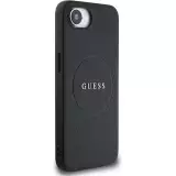 iPhone 16e Case H&uuml;lle - Guess Classic Logo MagSafe aus genarbtem Leder - Schwarz