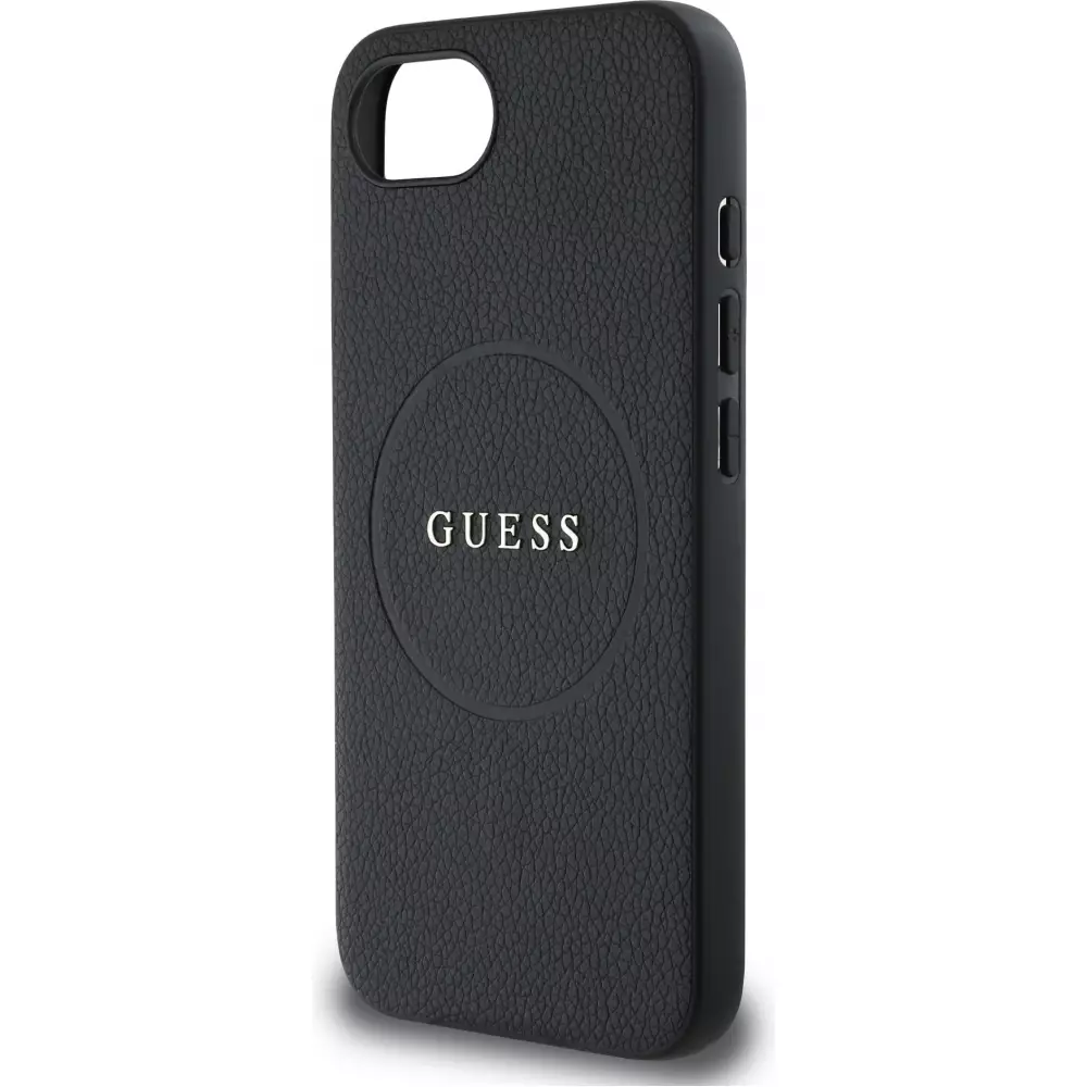 iPhone 16e Case H&uuml;lle - Guess Classic Logo MagSafe aus genarbtem Leder - Schwarz