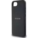 iPhone 16e Case H&uuml;lle - Guess Classic Logo MagSafe aus genarbtem Leder - Schwarz