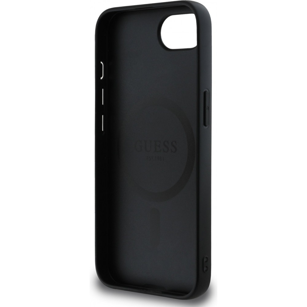 iPhone 16e Case Hülle - Guess Classic Logo MagSafe aus genarbtem Leder - Schwarz