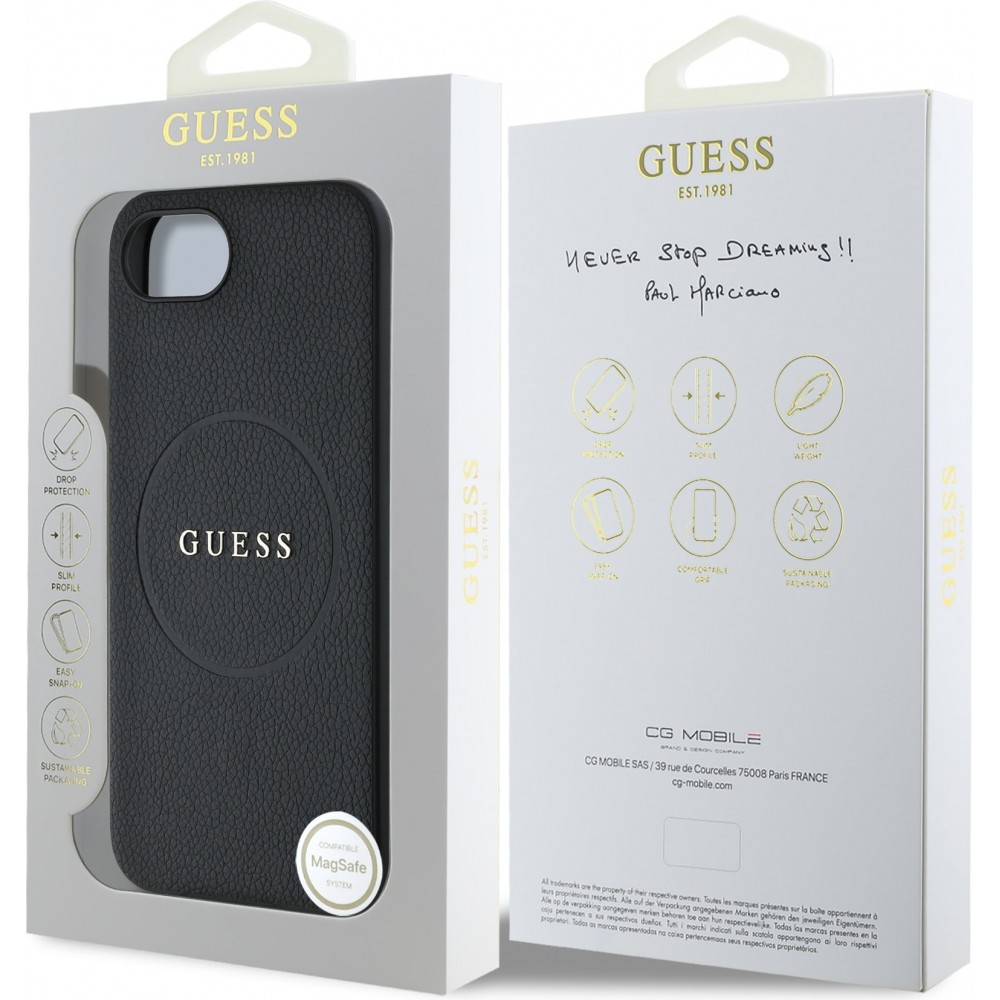 iPhone 16e Case Hülle - Guess Classic Logo MagSafe aus genarbtem Leder - Schwarz