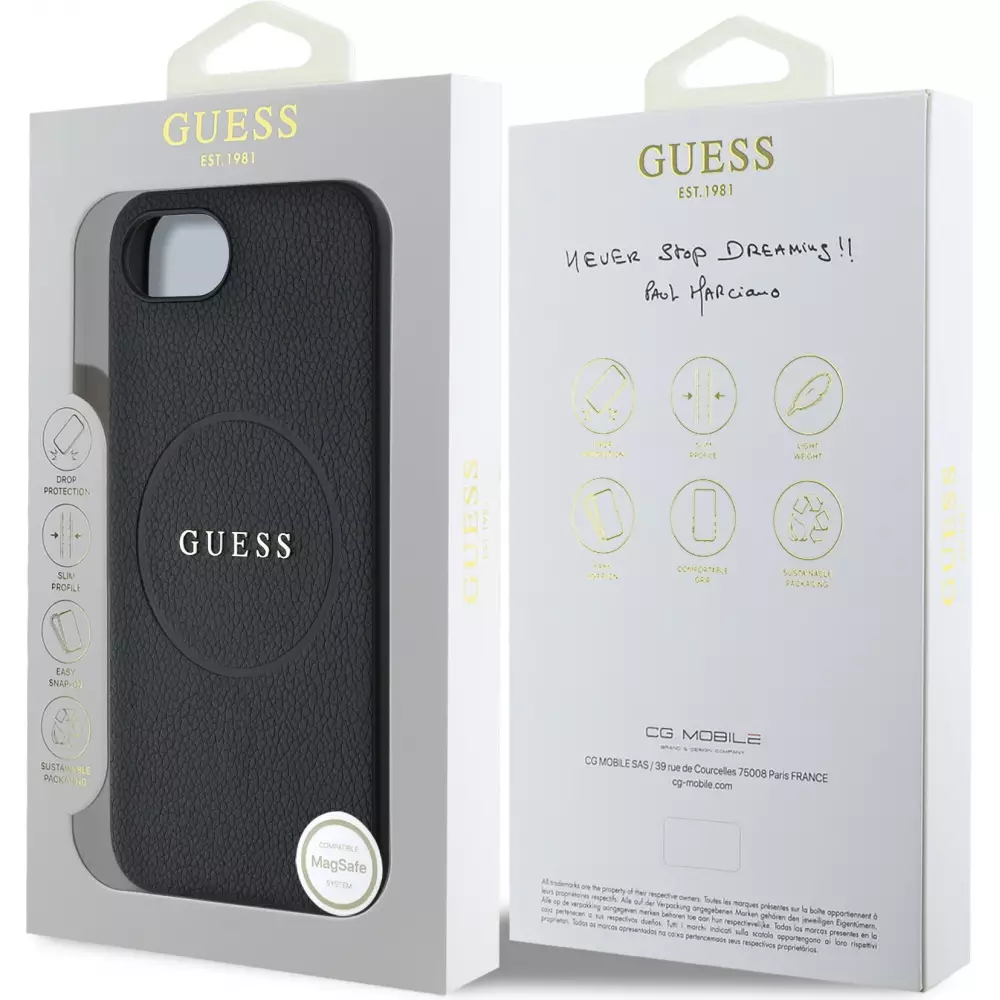 iPhone 16e Case H&uuml;lle - Guess Classic Logo MagSafe aus genarbtem Leder - Schwarz