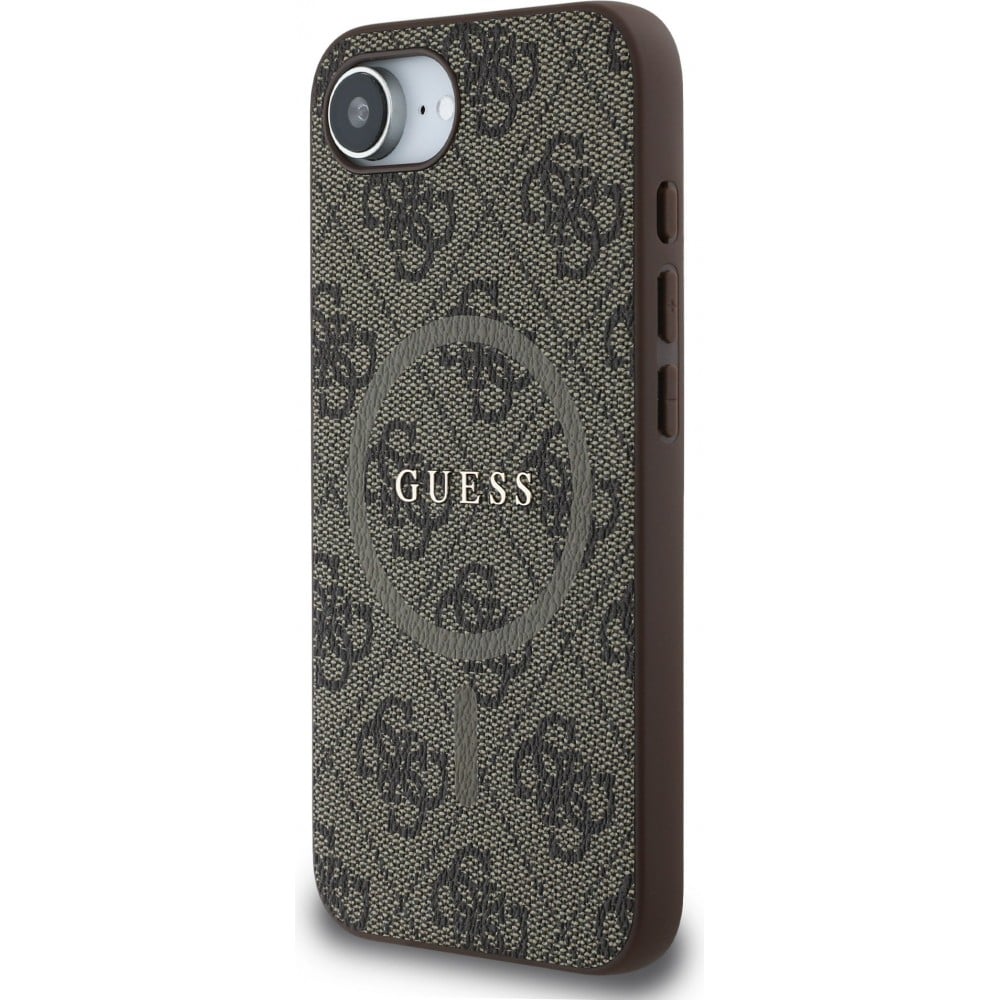 Coque iPhone 16e - Guess monogramme similicuir avec MagSafe intégré - Brun