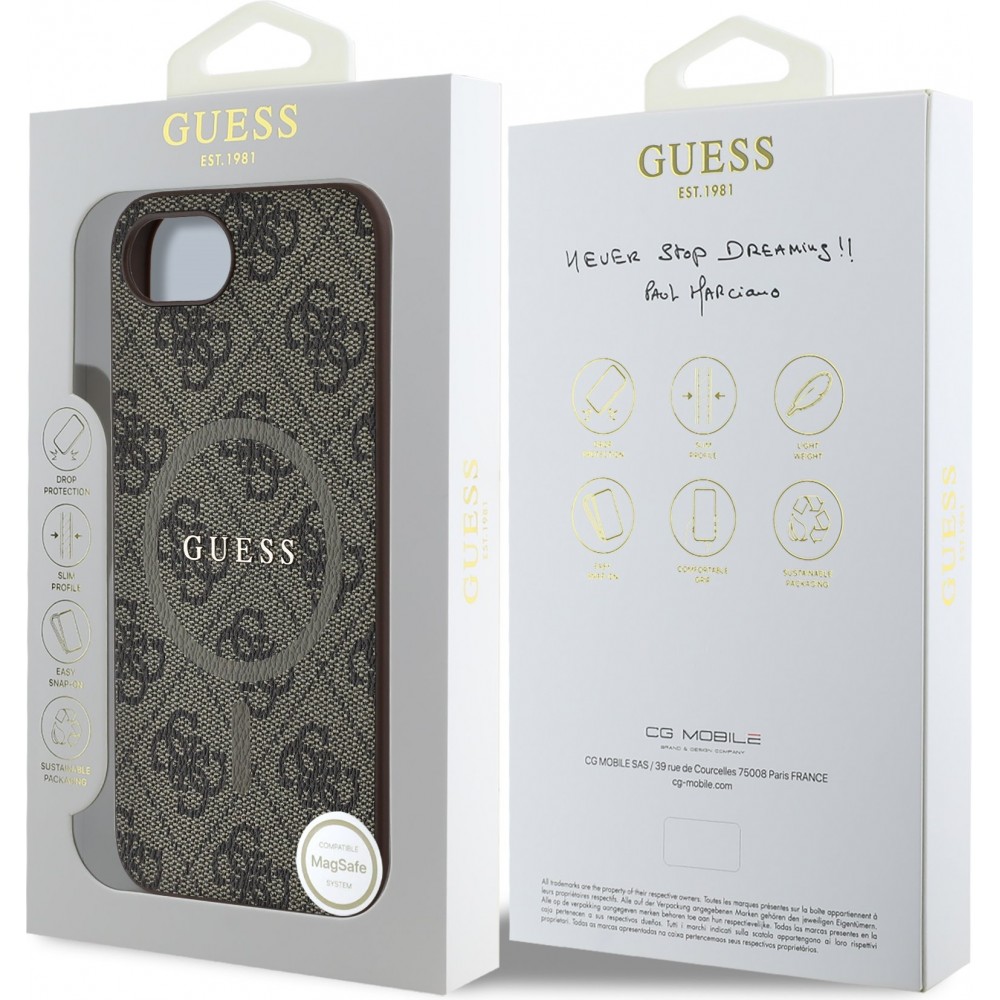 Coque iPhone 16e - Guess monogramme similicuir avec MagSafe intégré - Brun