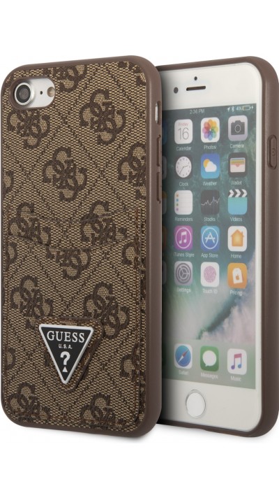 Coque iPhone 7 / 8 / SE (2020, 2022) - Guess toile similicuir avec porte-cartes intégré et logo métallique doré en relief - Brun