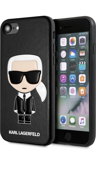 Coque iPhone 7 / 8 / SE (2020, 2022) - Karl Lagerfeld iconique logo similicuir relief - Noir