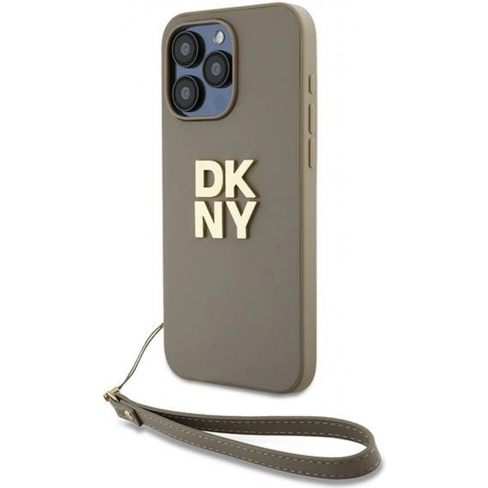 Coque iPhone 15 Pro Max - DKNY avec bracelet détachable et logo doré - Beige