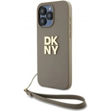 Coque iPhone 15 Pro Max - DKNY avec bracelet détachable et logo doré - Beige