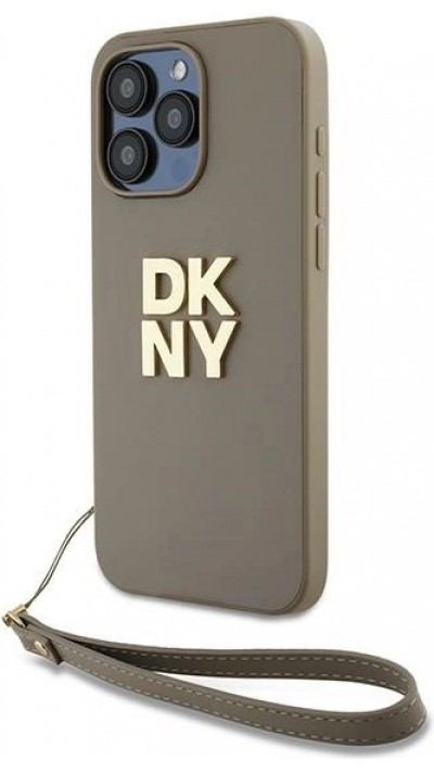 Coque iPhone 15 Pro Max - DKNY avec bracelet détachable et logo doré - Beige