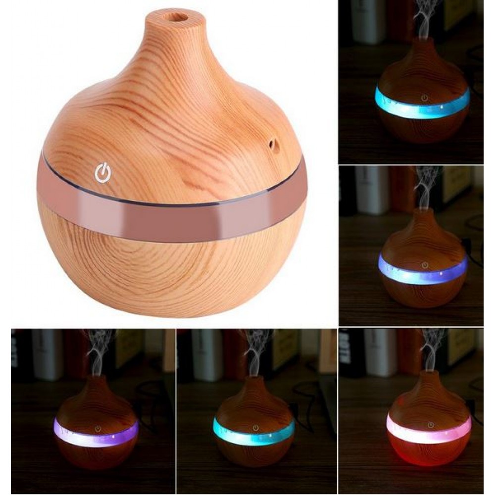 Luftbefeuchter Diffusor Wooden Look Holz Design 300ml mit LED Licht - Hell- Braun